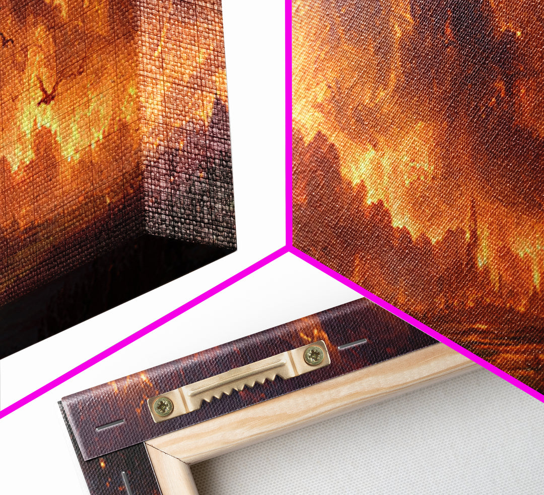 Fiery Dragons Over Apocalyptic Kingdom Framed Canvas Print, Dark Fantasy Wall Art, Epic Dragon Battle Home Decor For Game Room