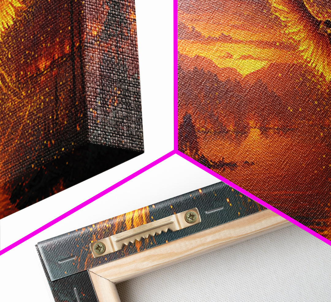 Fiery Phoenix Rising Over Burning Lake Framed Canvas Print, Fantasy Bird Wall Art, Large Vibrant Nature Home Decor Gift For Her
