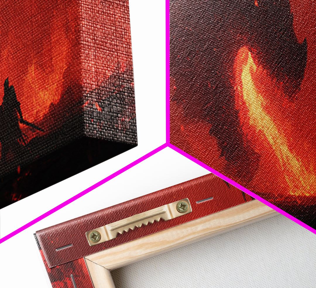Dramatic Canvas Print Depicting Brave Knight Facing Ferocious Fire Breathing Dragon In Fiery Red Landscape Epic Fantasy Wall Art For Home And Office Decor