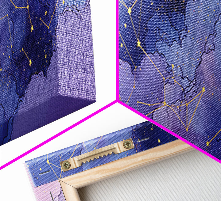 Purple Night Sky With Gold Constellations Wall Art, Celestial Wall Decor, Astronomy Art Print, Large Horizontal Canvas Print