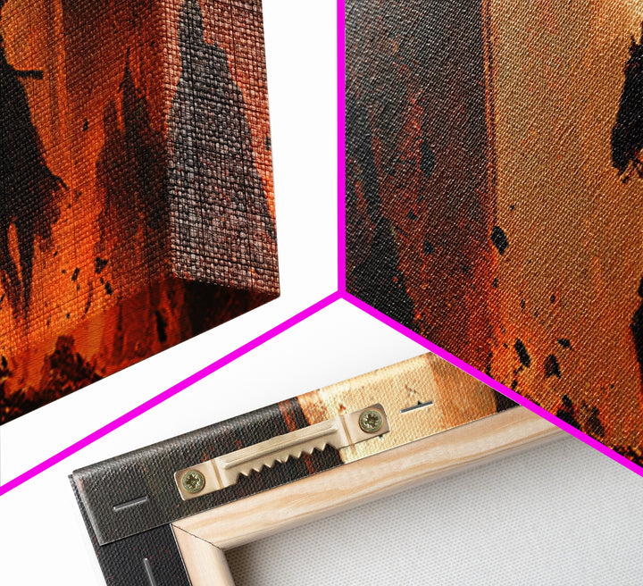 Dramatic Medieval Knight With Sword Riding Horse Through Fiery Castle Gate Abstract Wall Art