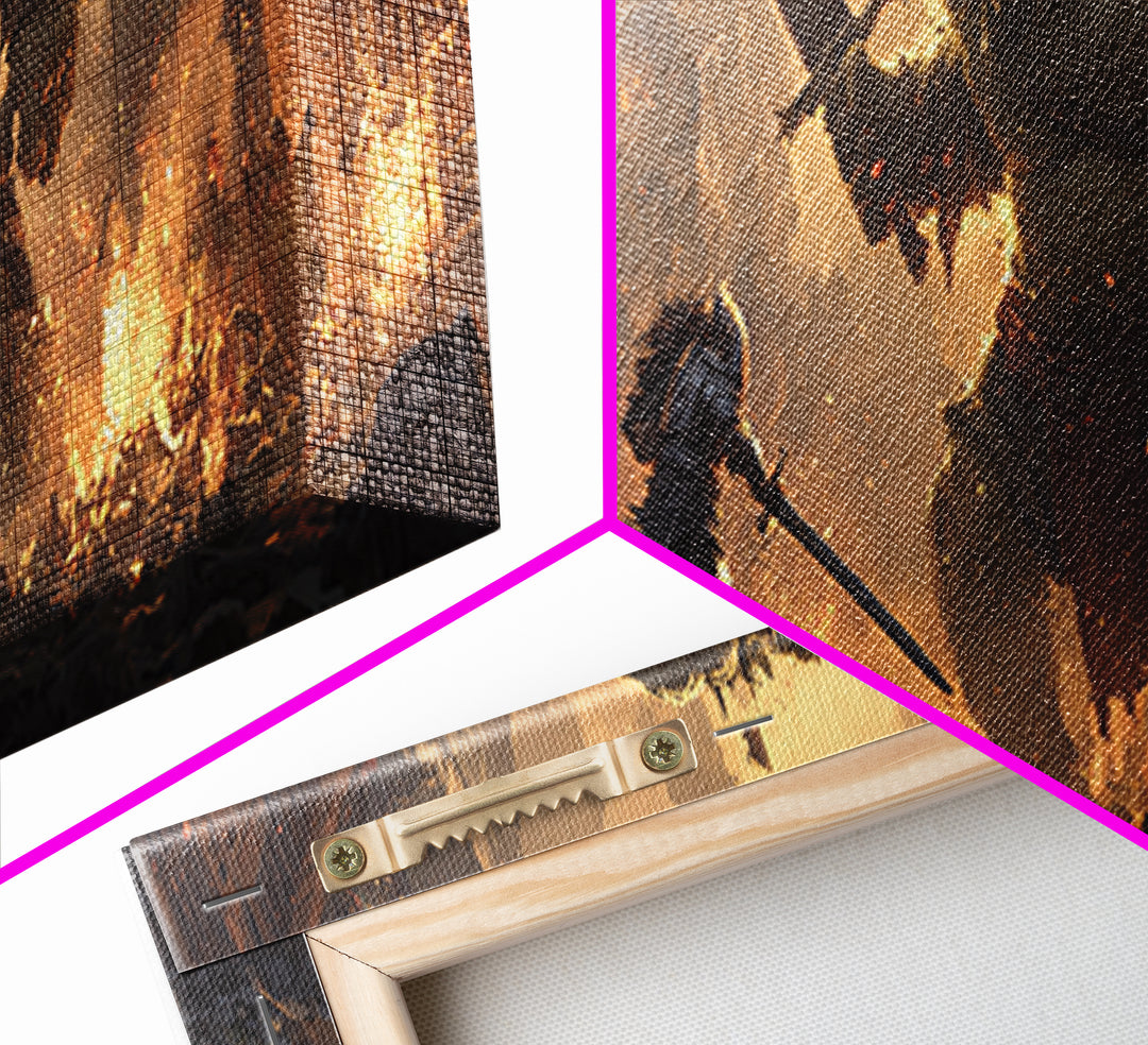 Fantasy Art Scene Of Knight Fighting Giant Ogre In Burning Medieval Town Wall Art Framed Canvas Print