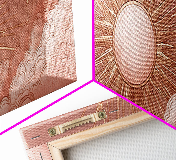 Rose Gold Sun And Twin Moons Wall Art, Celestial Wall Decor, Boho Bedroom Decor, Mystical Large Horizontal Framed Canvas Print