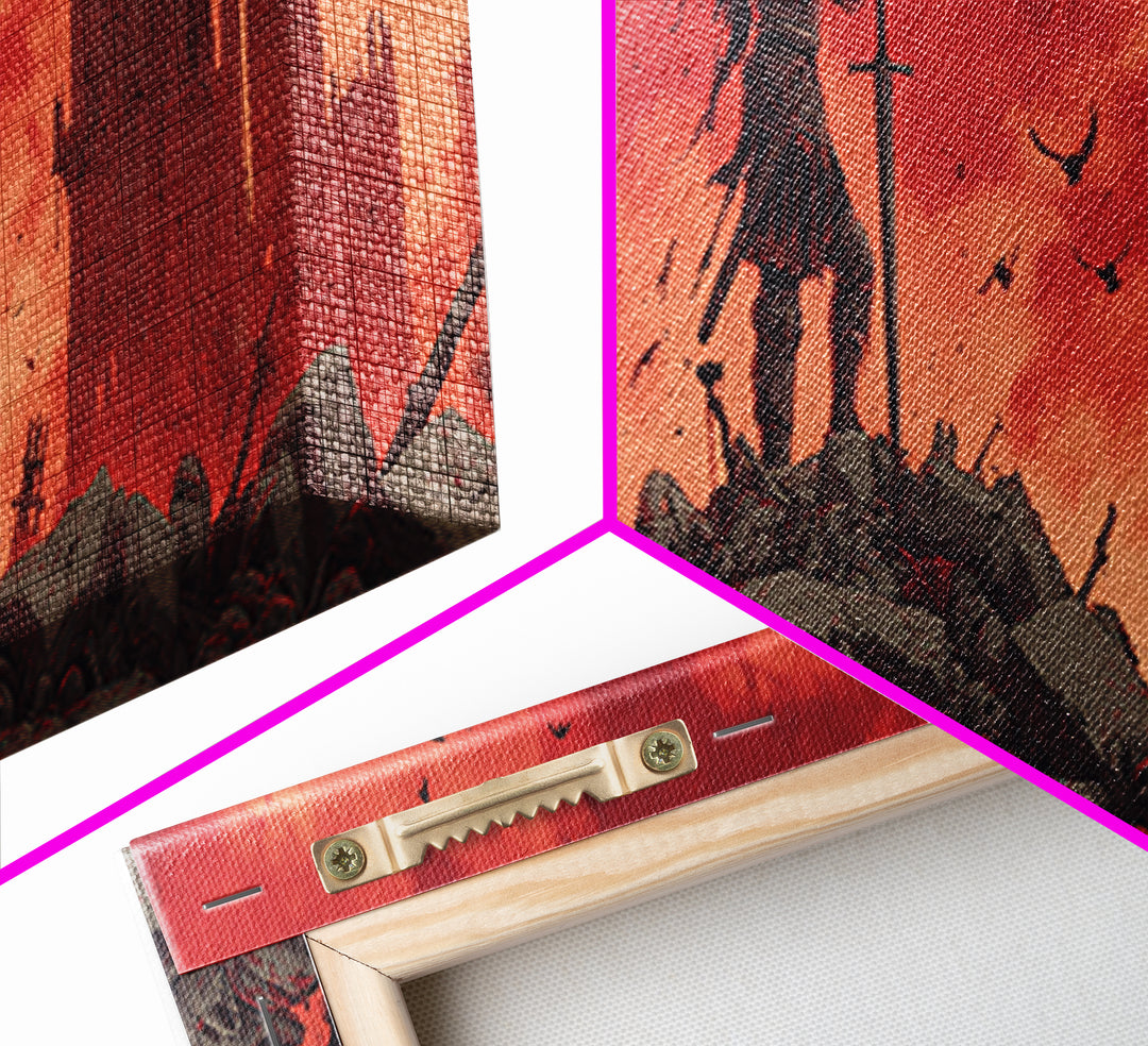 Epic Knight On Battlefield Amid Ruins With Dramatic Red Sky Wall Art Framed Canvas Print For Medieval Decor