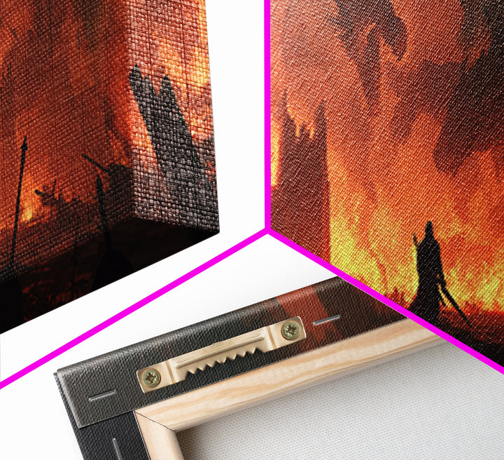 Epic Fantasy Warrior In Fiery Castle With Dragons Wall Art Canvas Print For Game Room Or Bedroom Decor