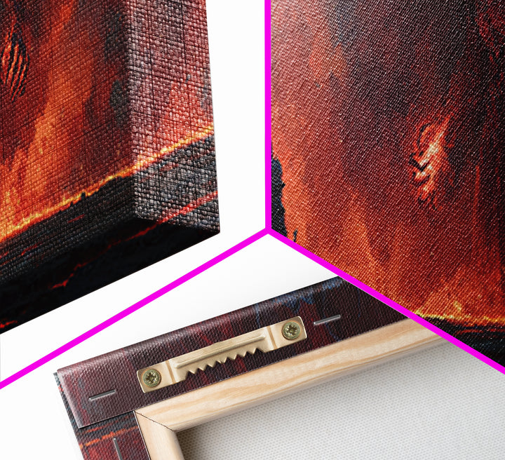 Heroic Fantasy Knight Facing Fiery Demon In Epic Battle Scene Wall Art Framed Canvas Print For Game Room, Bedroom, Or Fantasy Art Collectors Gift