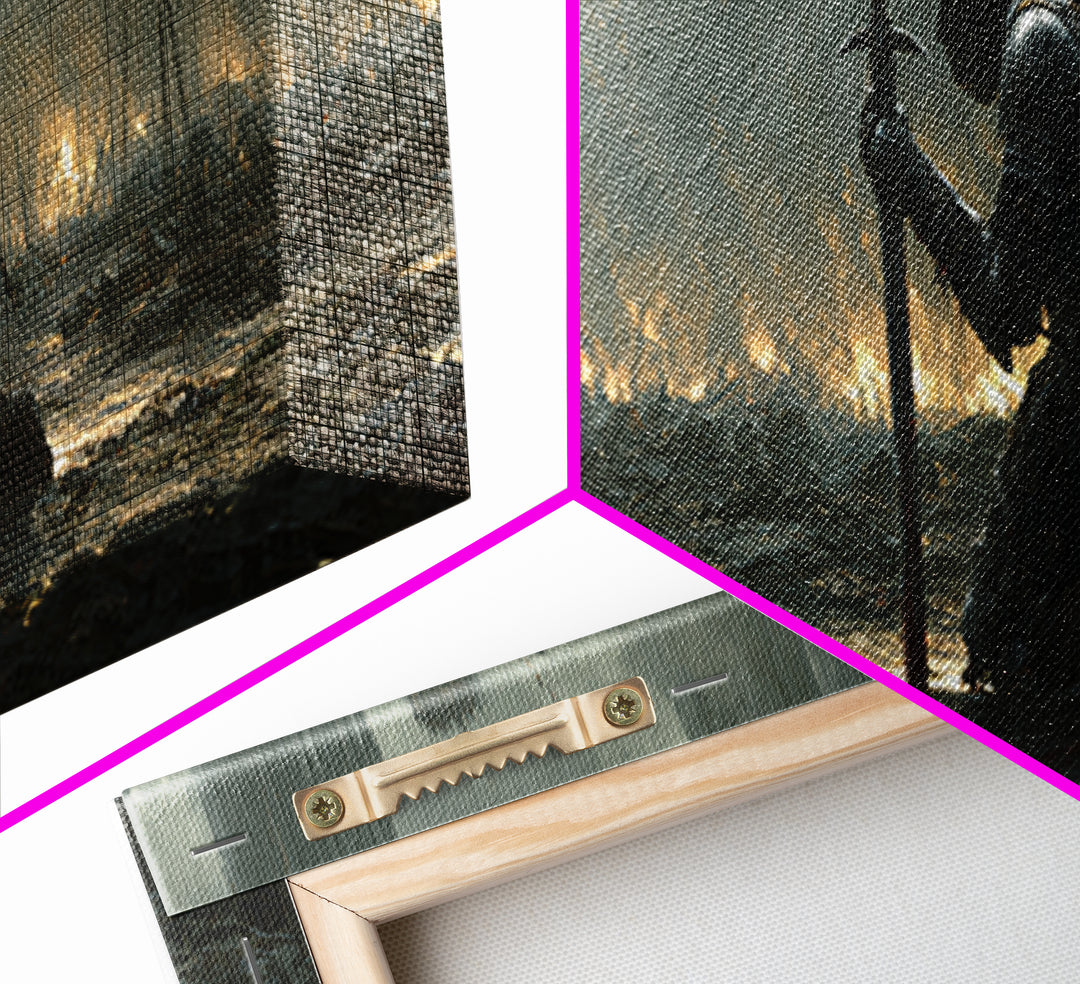 Medieval Knight Kneeling On Battlefield In Rain With Flaming Castle Background Dramatic Wall Art Canvas Print