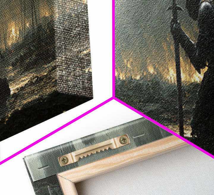 Medieval Knight Kneeling On Battlefield In Rain With Flaming Castle Background Dramatic Wall Art Canvas Print