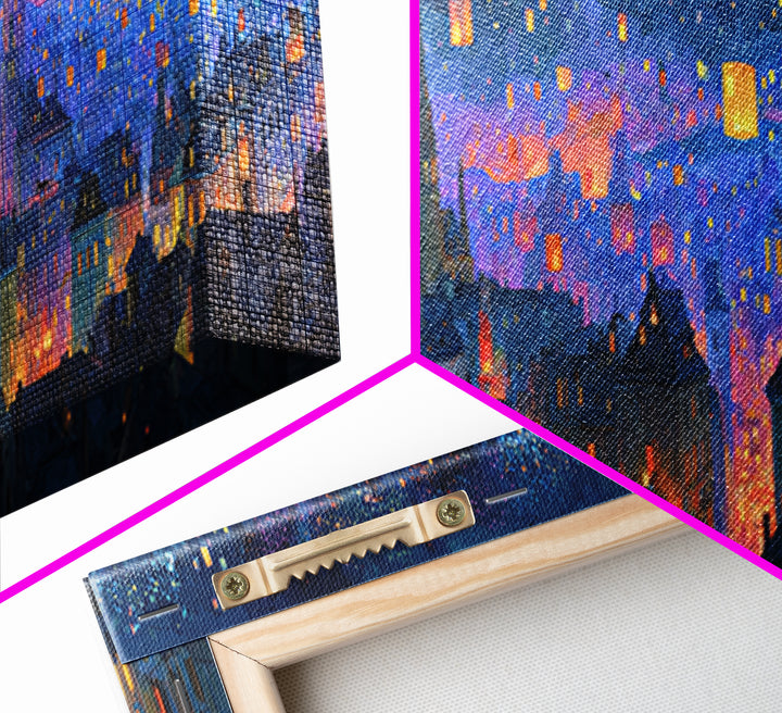 Magical City Skyline With Floating Lanterns And Twinkling Stars Wall Art For Home