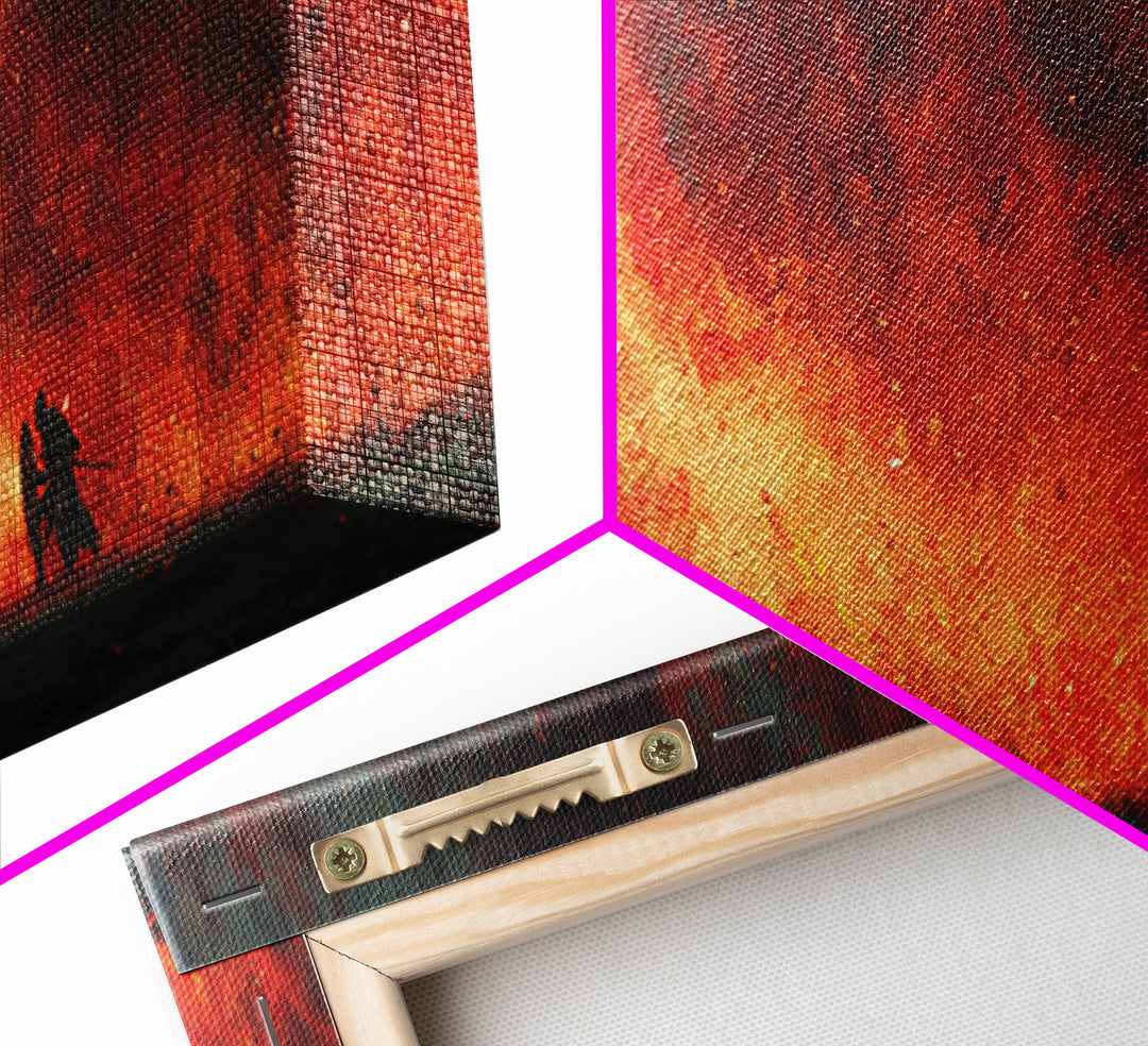 Epic Fantasy Dragon Breathing Fire At Warrior In Armor Wall Art Canvas Print Dramatic Mythical Battle Scene For Game Room Or Man Cave Home Decor