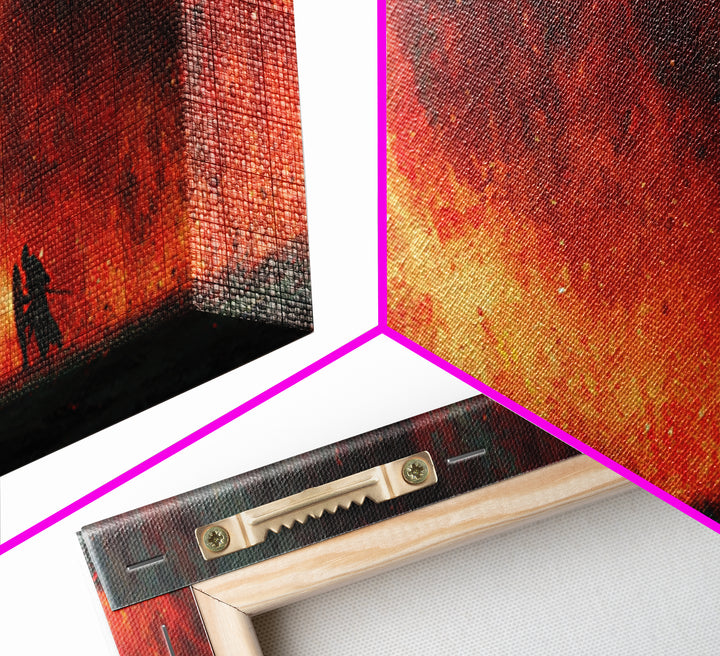 Epic Fantasy Dragon Breathing Fire At Warrior In Armor Wall Art Canvas Print Dramatic Mythical Battle Scene For Game Room Or Man Cave Home Decor