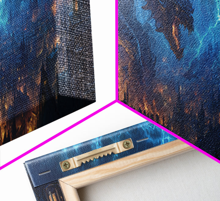 Epic Dragon Breathing Lightning Over Medieval Cityscape Wall Art Dramatic Fantasy Canvas Print Home Decor