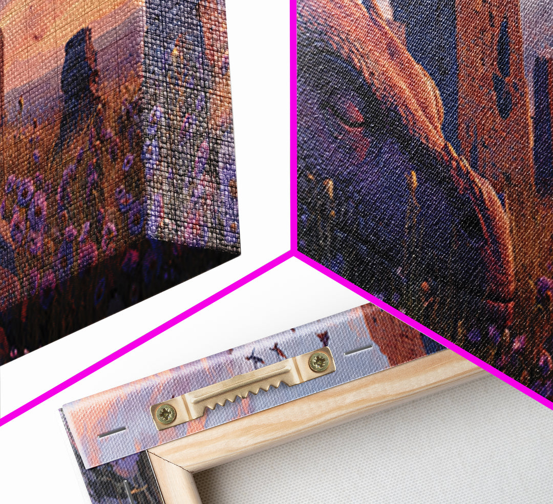 Sleeping Dragon Among Purple Wildflowers With Ancient Ruins Wall Art Print Magical Fantasy Canvas Print