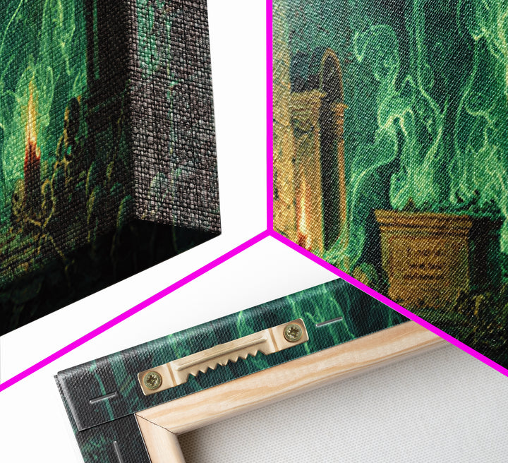Mystical Wizard In Ancient Crypt With Glowing Green Flames Wall Art Modern Fantasy Decor Framed Canvas Print Unique Gift