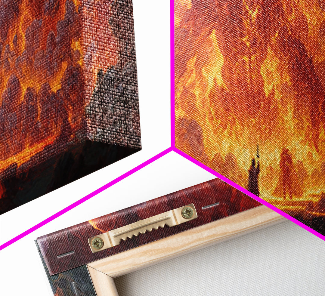 Fire Elemental Giant Facing Brave Warrior In Fiery Landscape Canvas Print Bold Large Wall Art For Dramatic Home Decor