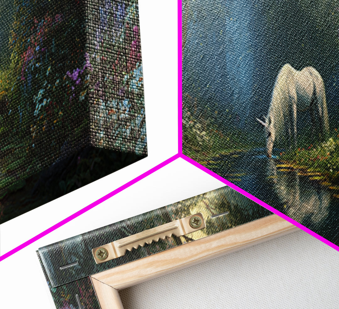 Magical Forest Unicorn Drinking From Stream With Enchanting Light Wall Art Framed Canvas Print For Fantasy Decor Kids Room