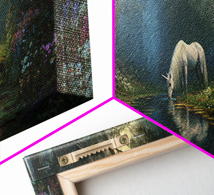 Magical Forest Unicorn Drinking From Stream With Enchanting Light Wall Art Framed Canvas Print For Fantasy Decor Kids Room