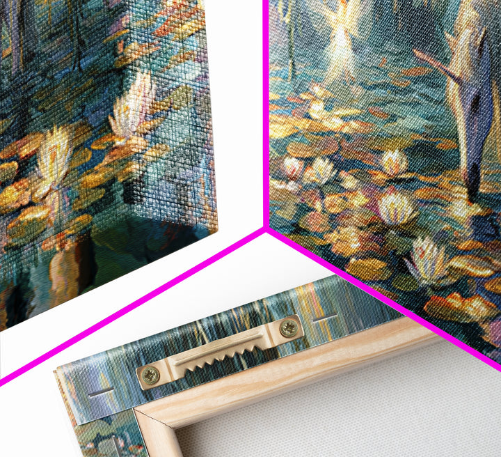 Fairy Tale Unicorn In Ethereal Lily Pond With Glowing Fairies - Whimsical Wall Art Framed Canvas Print For Nursery And Bedroom Decor