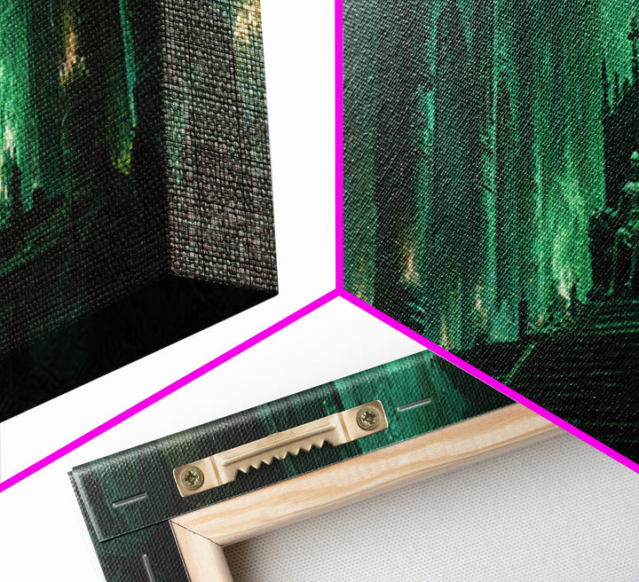 Green Fantasy Gothic Cathedral Throne Room Dark Artwork Wall Art Canvas Print Moody Gothic Home Decor