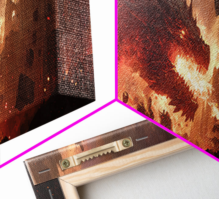 Epic Fiery Dragon Breathing Flames Amidst A Burning City Fantasy Wall Art Canvas Print For Modern Home Decor And Gaming Rooms