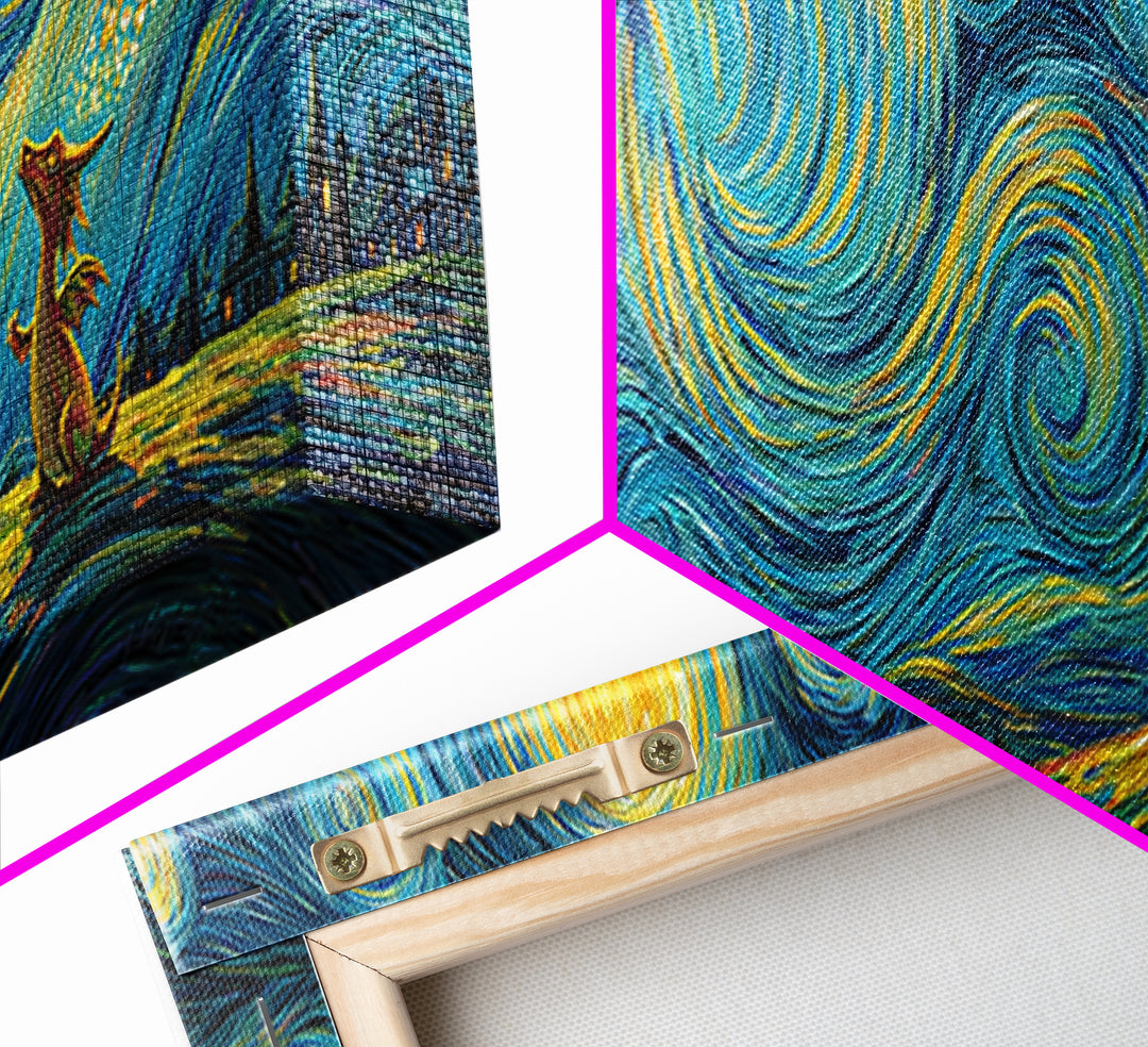 Whimsical Starry Night Inspired Canvas Print With Playful Dragon And Knight In Vibrant Blues And Yellows Unique Wall Art For Kids Room And Fantasy Decor