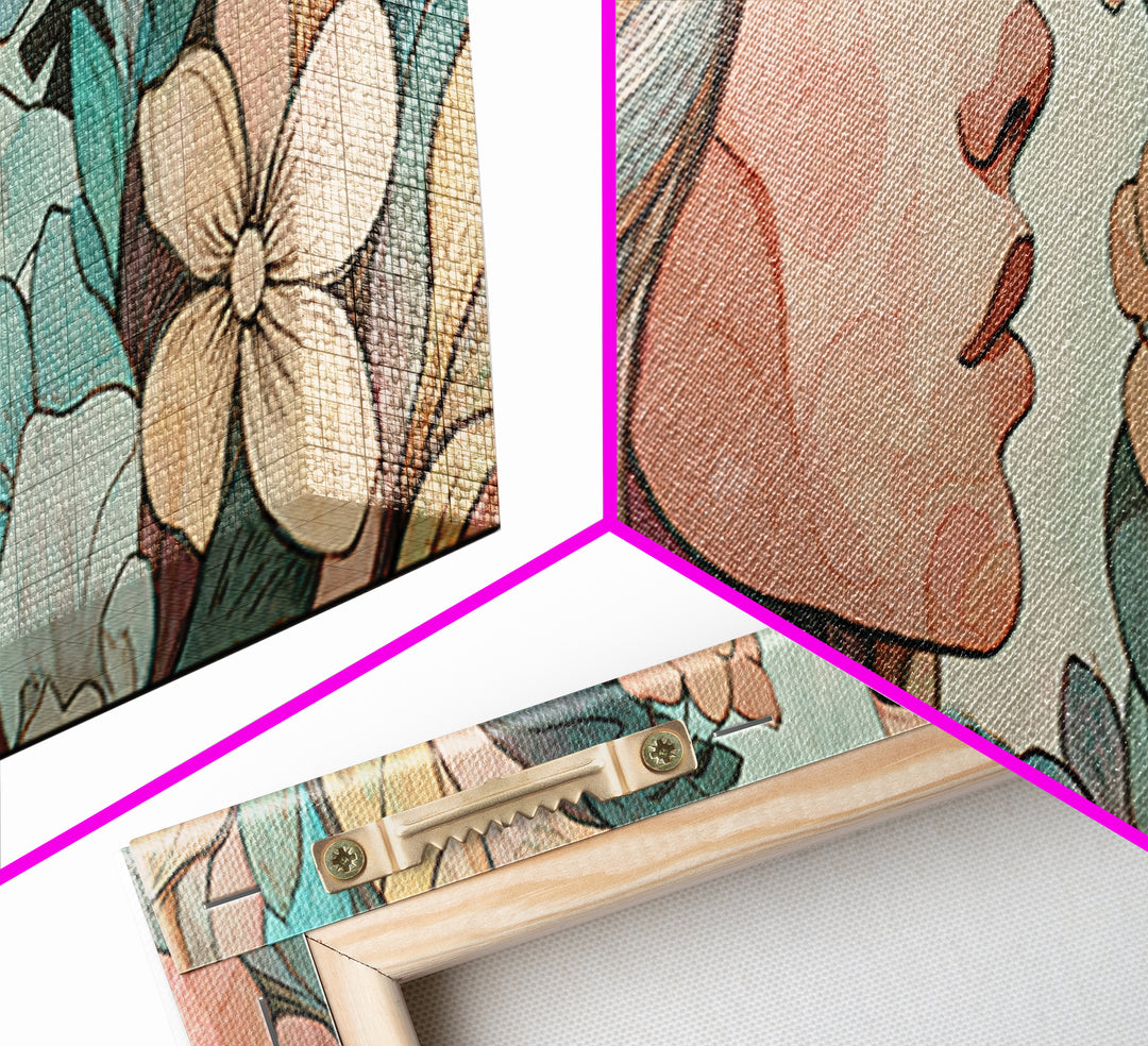 Art Nouveau Woman With Teal Florals Wall Art, Feminine Botanical Canvas Print, Boho Bedroom Decor, Living Room Decor, Gift For Her