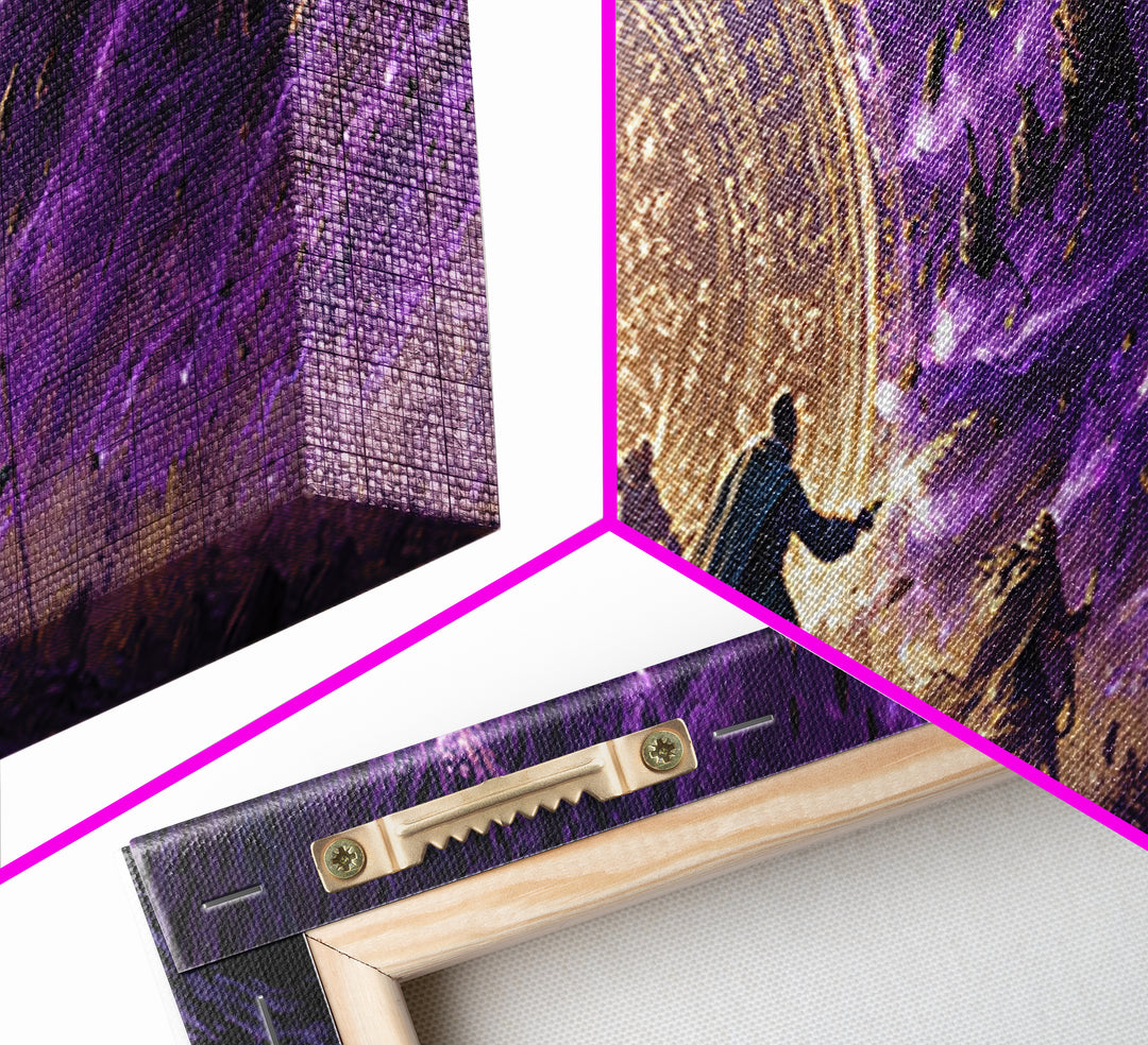Epic Fantasy Battle Scene With Mages Creating Magical Barrier Against Creatures Wall Art Canvas Print