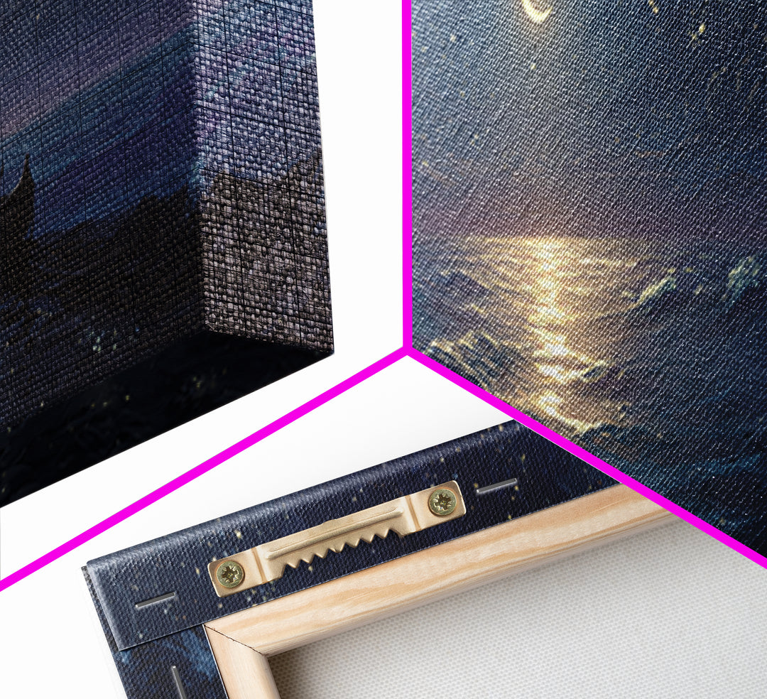 Serene Night Ocean Scene With Boat And Crescent Moon Under Starry Sky Wall Art Modern Coastal Decor Canvas Print