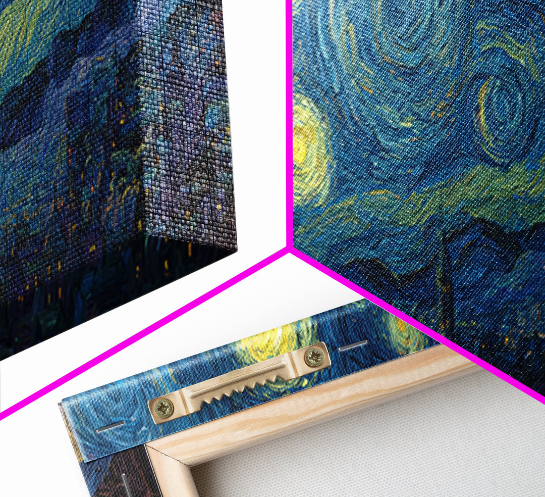 Starry Night Sky Over Town With Wizard And Telescope Classic Van Gogh Style Wall Art Framed Canvas Print