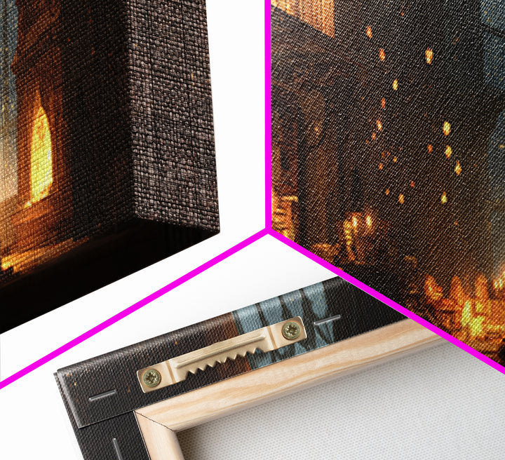 Warm Cozy Library Scene With Child Reading By Fireplace - Charming Home Decor Wall Art Framed Canvas Print For Study Rooms