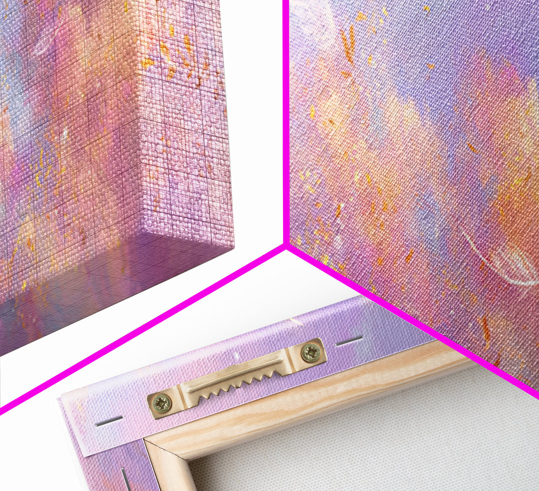 Crescent Moon Feathers In Lavender Sky Wall Art, Celestial Canvas Print, Whimsical Decor, Calming Bedroom Art, Gift For Her