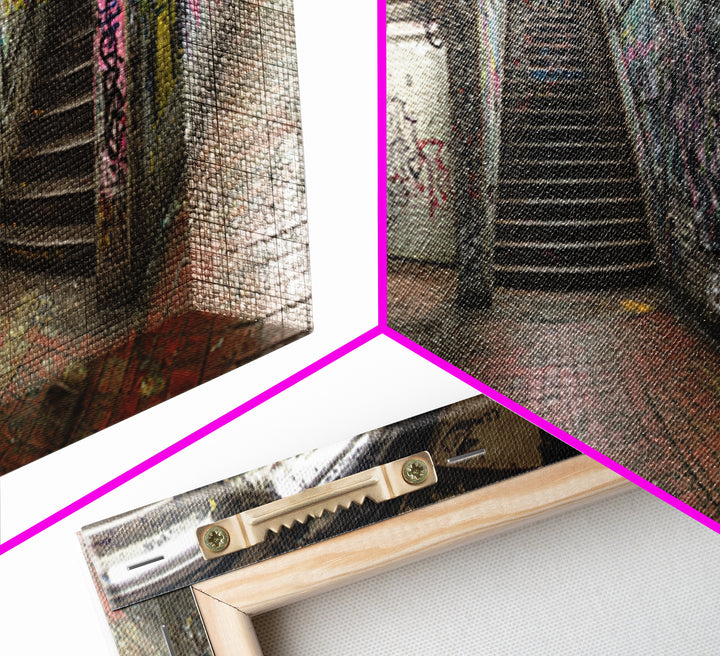 Grungy Spacious Subway Staircase Graffiti Urban Loft Wall Art - Framed Canvas Print, Modern Wall Art, Urban Decor, Trending Wall Art Gift