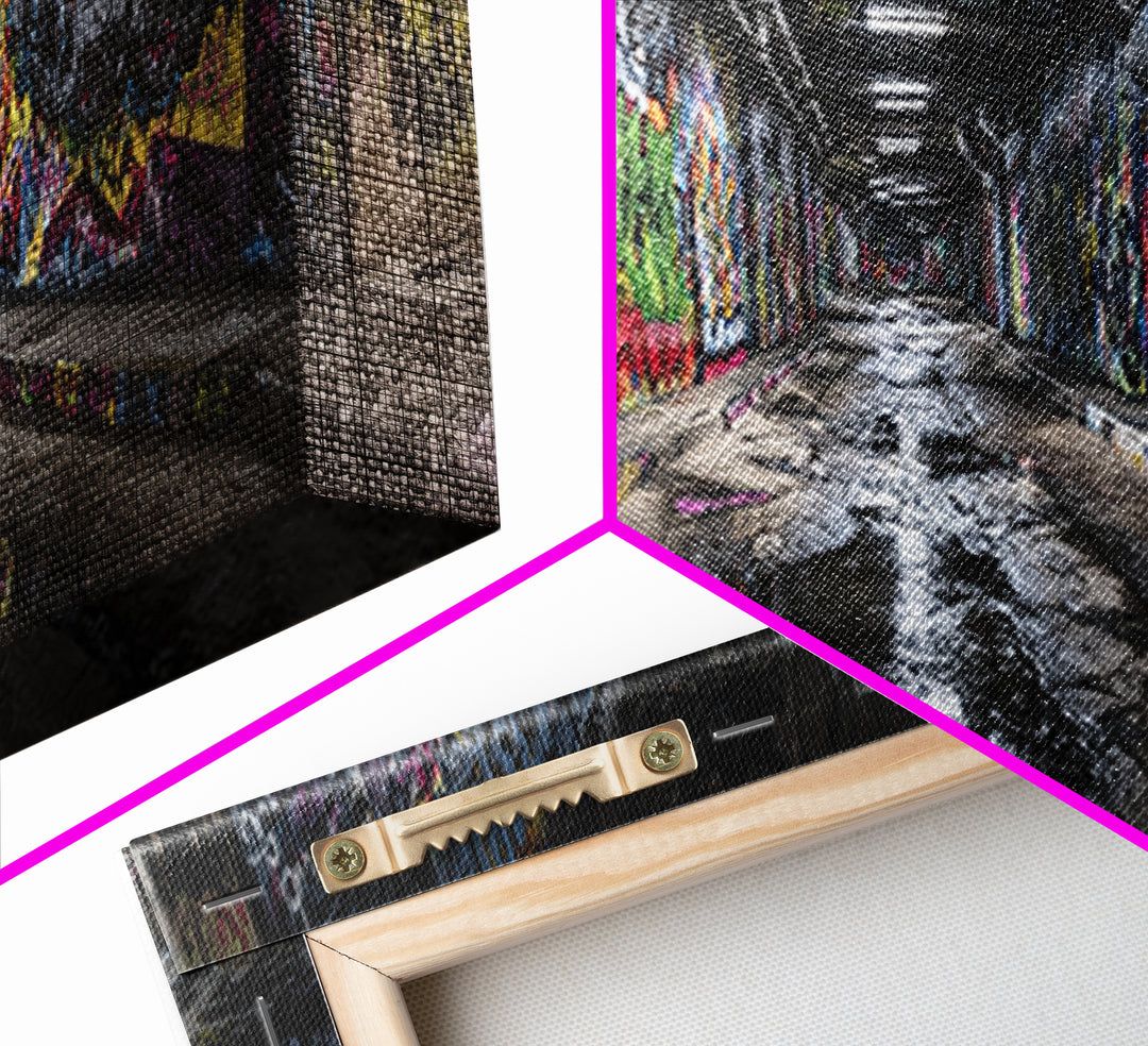 Graffiti Covered Underground Tunnel Wall Art, Urban Street Art Print, Modern Industrial Decor, Colorful Cityscape Canvas