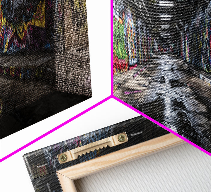 Graffiti Covered Underground Tunnel Wall Art, Urban Street Art Print, Modern Industrial Decor, Colorful Cityscape Canvas