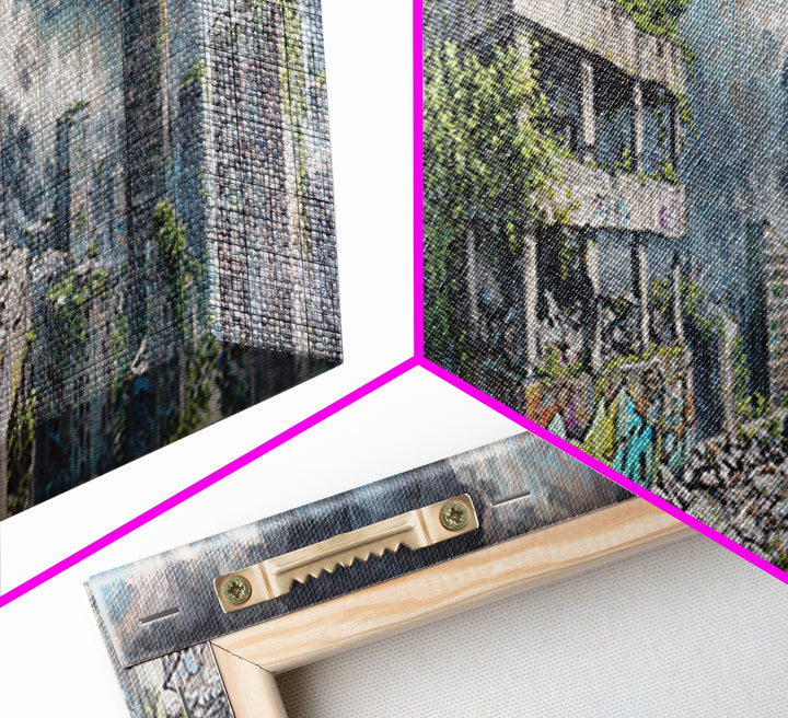 Overgrown Ruined City Under Storm Clouds Canvas Print, Post Apocalyptic Wall Art, Futuristic Urban Landscape, Sci Fi Decor