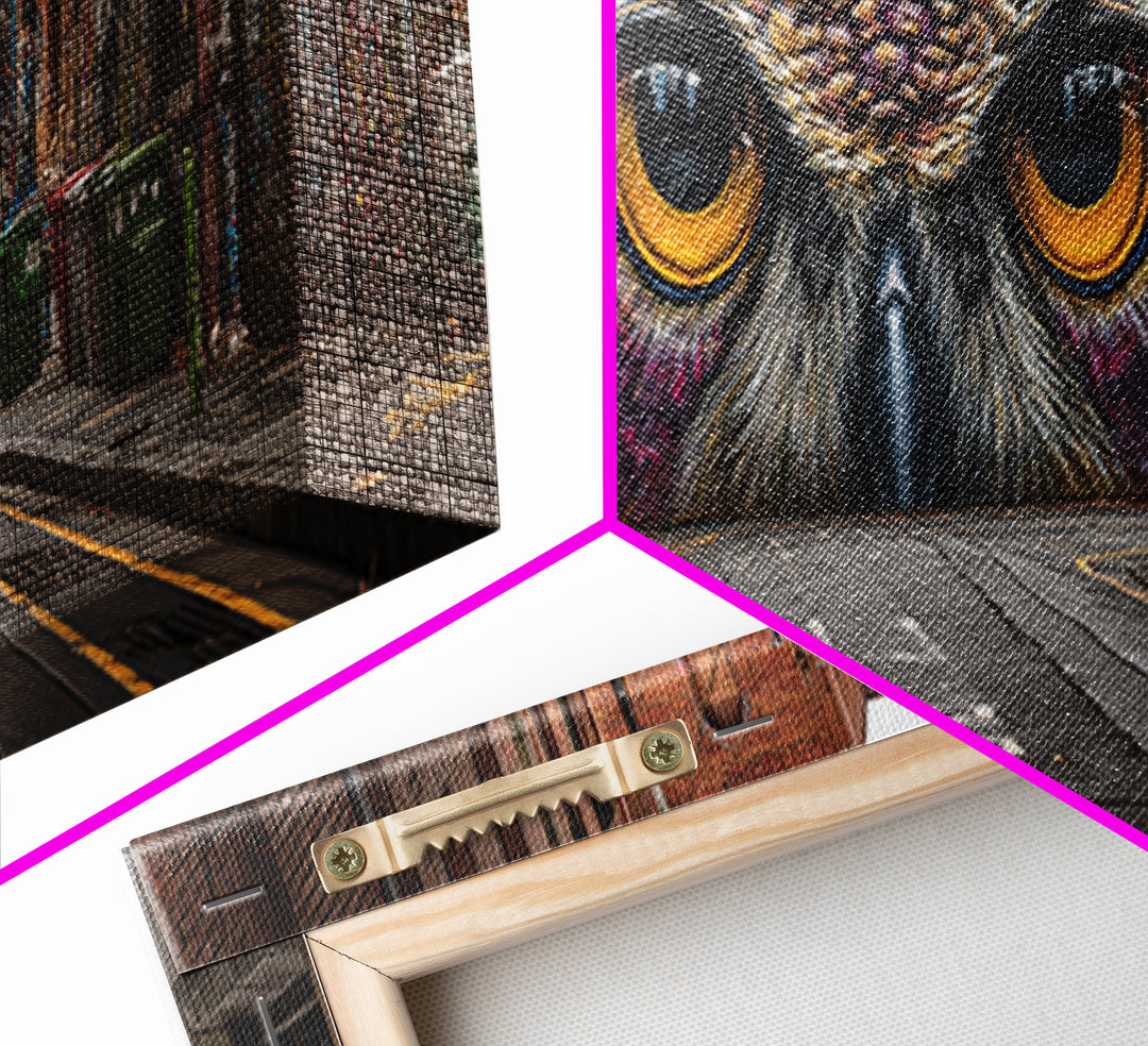 Hyperrealistic Street Mural of Intense Owl Eyes Graffiti Urban Wall Art Framed Canvas Print Bold Contemporary Art for Living Room Decor
