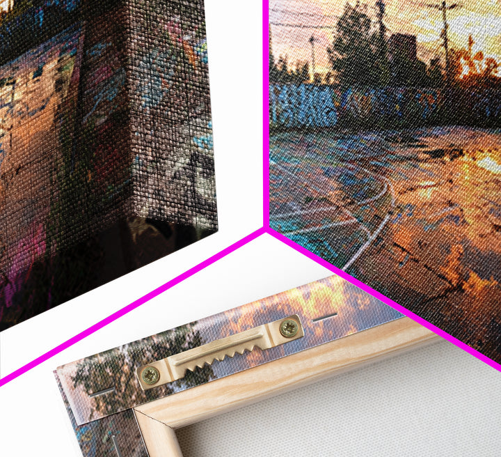 Graffiti Covered Abandoned Outdoor Basketball Court At Sunset, Urban Street Art Wall Decor Canvas Print For Modern Living Room And Wall Art