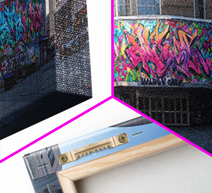 Vibrant Graffiti Wrapped Around Circular Building Urban Wall Art Modern Wall Decor Framed Canvas Print