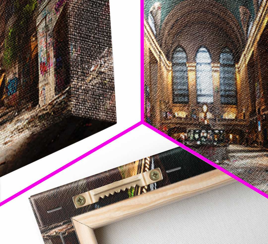 Abandoned Urban Train Station With Graffiti, Nature Reclaiming Space, Moody Decay Landscape Wall Art Canvas Print For Home Decor