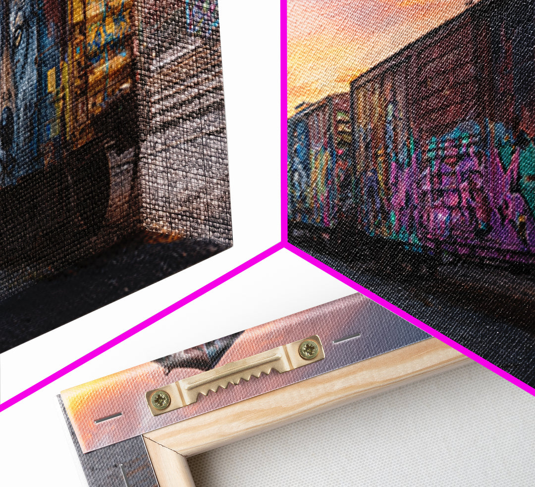 Sunset Skyline With City Train And Vibrant Graffiti Urban Wall Art Print For Modern Living Room Decor And Office Framed Canvas Print