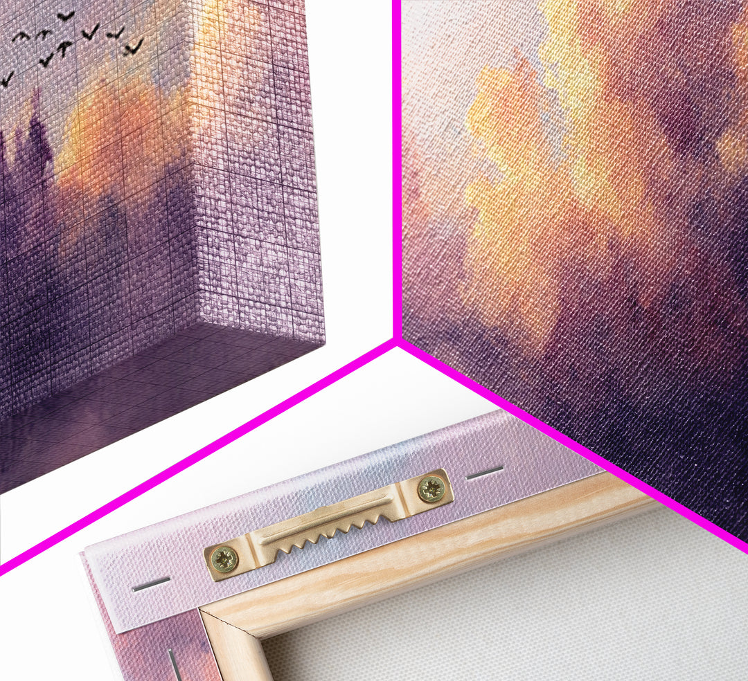 Lavender Sunset Clouds With Flying Birds Wall Art, Pastel Landscape Canvas Print, Calming Bedroom Decor, Living Room Art