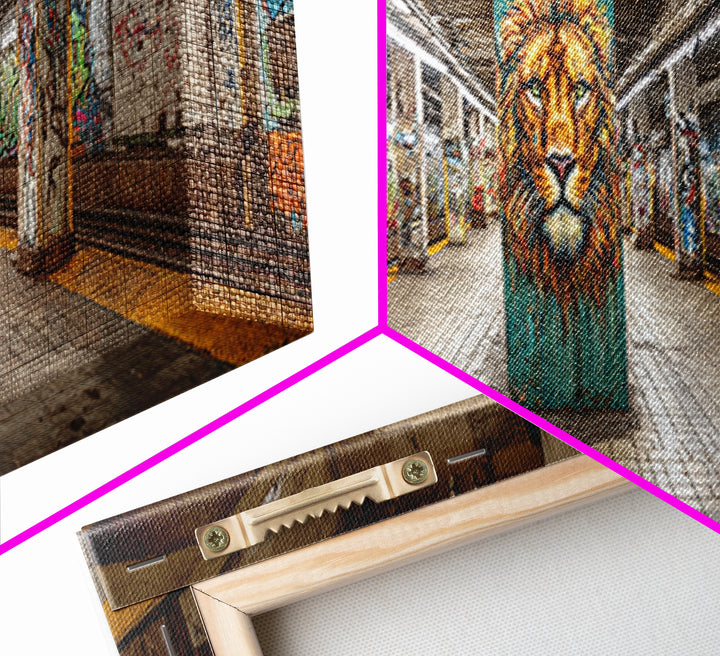 Urban Graffiti Style Subway Station With Bold Lion Mural Vibrant Wall Art Framed Canvas Print