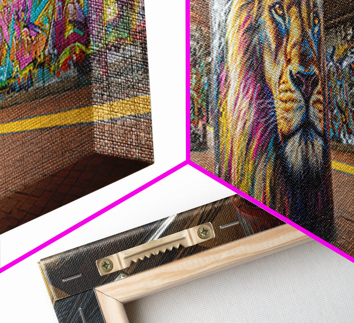 Urban Graffiti Lion Mural Subway Station Wall Art Canvas Print Vibrant Street Art Modern Wall Decor