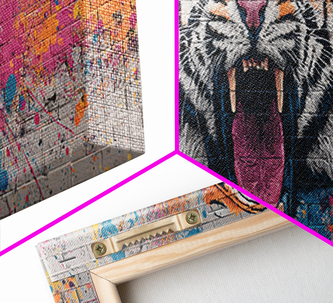 Vibrant Roaring Tiger Graffiti Mural Street Art Wall Painting Framed Canvas Print Urban Home Decor And Bold Living Room Wall Art