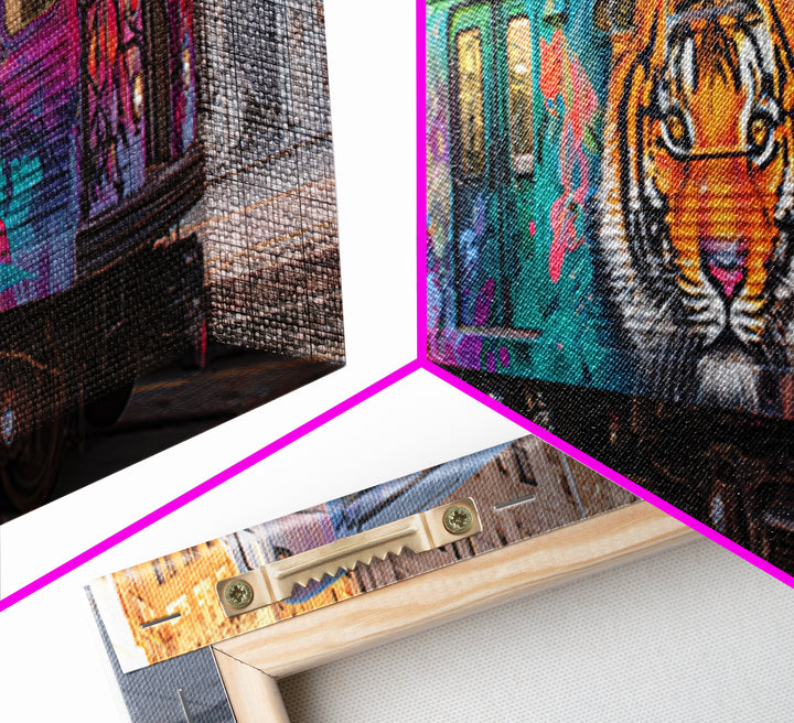 Graffiti Urban Art With Bright Tiger Mural On City Train Vibrant Street Culture Modern Wall Art Canvas Print