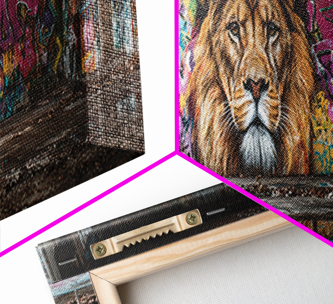 Vibrant Urban Graffiti Lion Mural Canvas Print Capturing Street Art Vibes With Striking Realism And Colorful Background Perfect Large Wall Art Decor