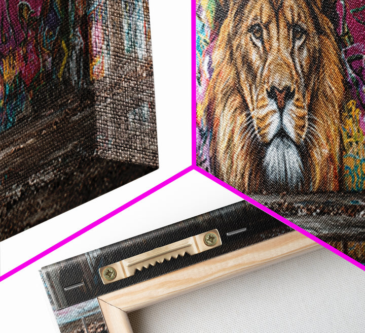 Vibrant Urban Graffiti Lion Mural Canvas Print Capturing Street Art Vibes With Striking Realism And Colorful Background Perfect Large Wall Art Decor