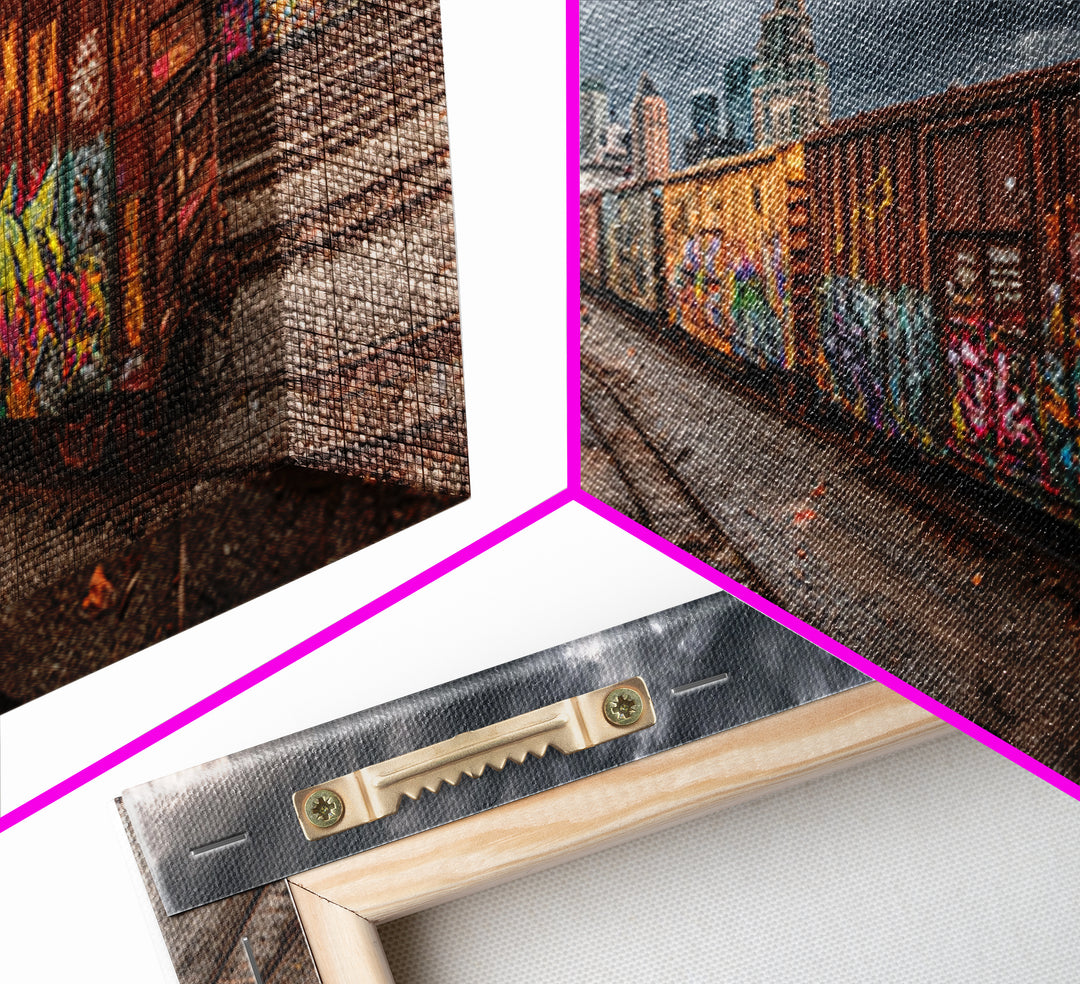 Urban Graffiti Covered Train Yard Under Moody Sky Wall Art Canvas Print For Contemporary Industrial Decor And Street Art