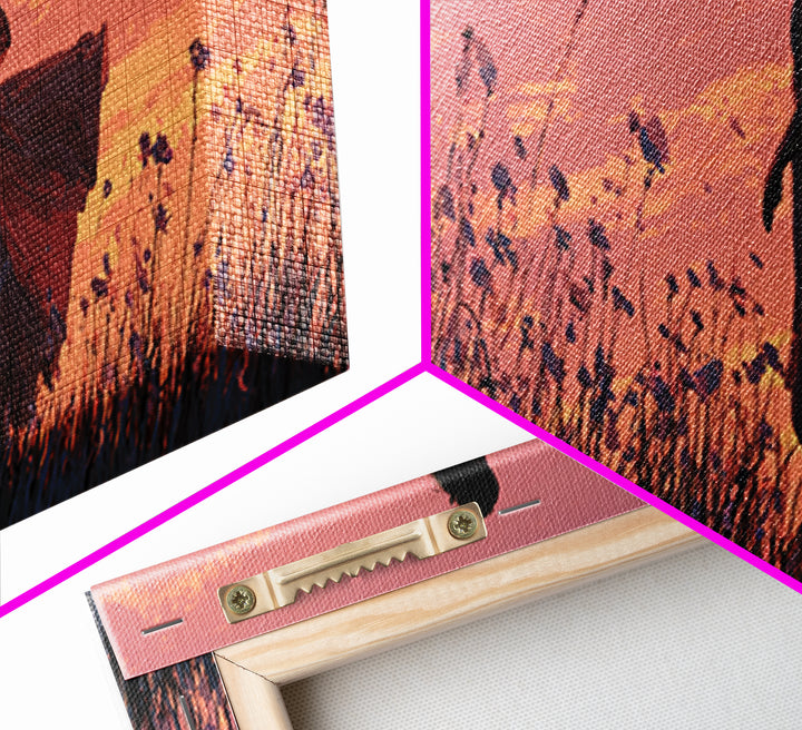 Woman Silhouette In Sunset Wildflower Meadow Canvas Print, Romantic Landscape Wall Art, Boho Bedroom Decor, Gift For Her