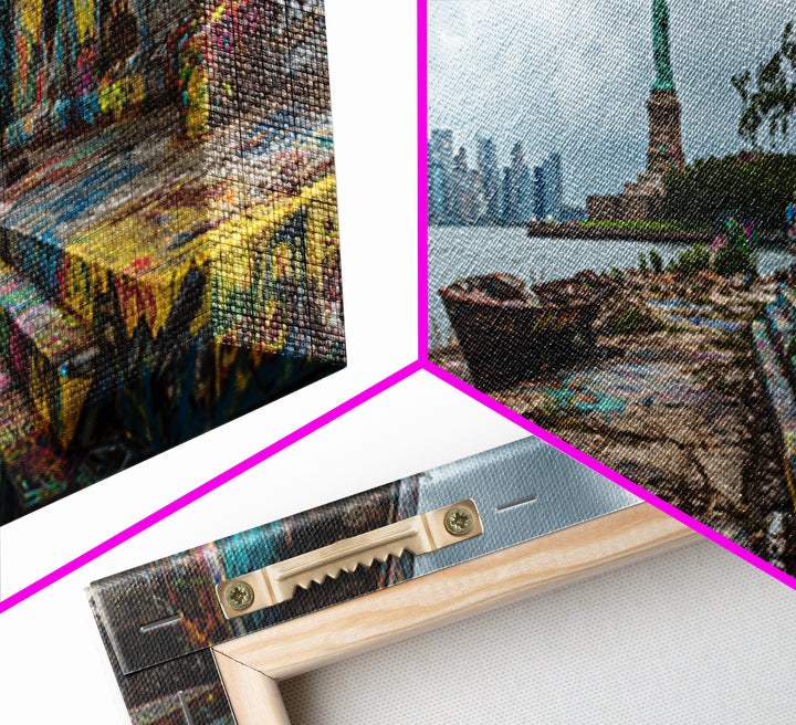 Cityscape With Statue And Graffiti Urban Street Scene Wall Art Framed Canvas Print For Industrial Home Decor And Gift For Him